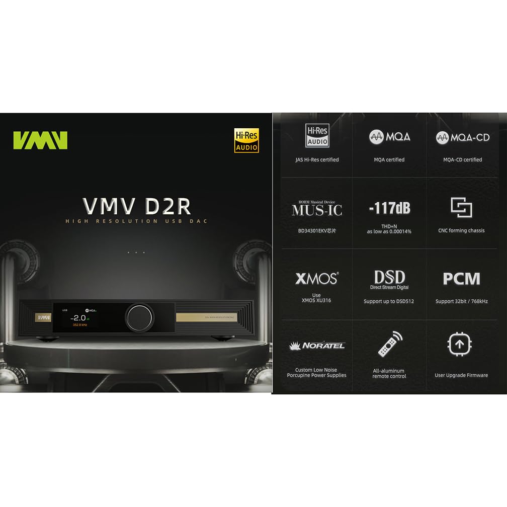SMSL VMV D2R HiFi Balanced MQA DAC, ROHM BD34301, XMOS XU316 Chip MQA Full Decoding DAC, USB/Optical/Coaxial/AES/IIS Input RCA/XLR Output Digital-Analog Converters, 768kHz DSD512 Hi-Res Audio DAC