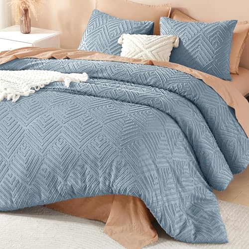 Image of Litanika Grayish Blue Queen Comforter Set, 3 Pieces Tufted Boho Farmhouse Bedding Comforter Sets, Lightweight Fluffy Comforter Bed Set for All Season (90x90In Comforter and 2 Pillowcases)