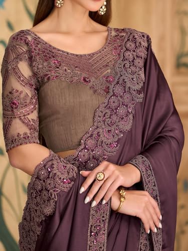 Image of AKHILAM Women's Satin Sequence Embroidery Saree With Unstitched Blouse Piece(SNDLWOD1601 TFH Parent)