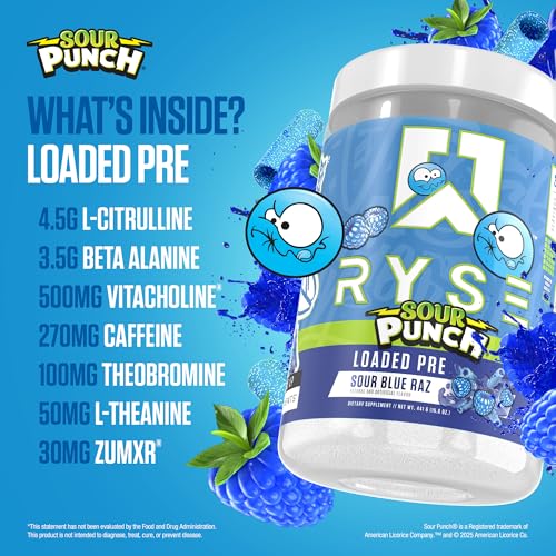 Image of Ryse Loaded Pre Workout Powder - Sour Punch Blue Raz - Daily Pre-Workout for Men & Women with 300mg Caffeine, Beta Alanine, and Citrulline for Pump, Focus, and Energy - 30 Servings