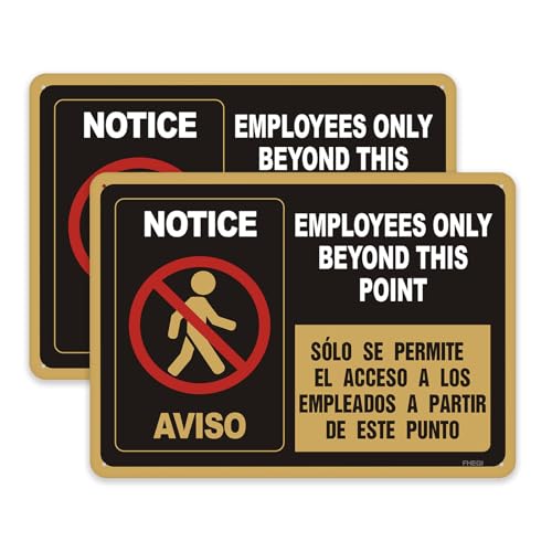 FHEGI 2PC Employees Only Beyond This Point Sign Bilingual, 10 x 7 Inches - Aluminum - No Customers Allowed In Work Area Sign For Door, Do Not Enter Signs Restricted Area Signs（Black and golden）