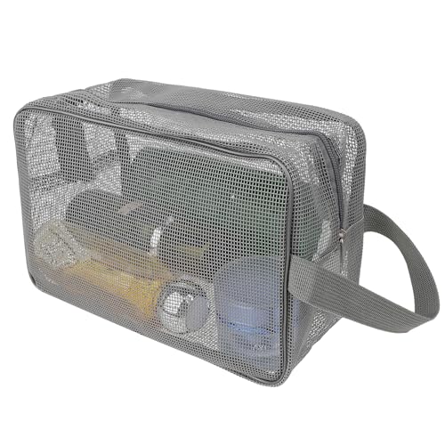 Cobee Mesh Duschtasche, 25x16cm Tragbare Tragetasche mit Reißverschluss Griff, Kulturbeutel Organizer Schnelltrocknende Netztasche für Wohnheime Fitnessstudio Reisen Camping Badezimmer(Grau)