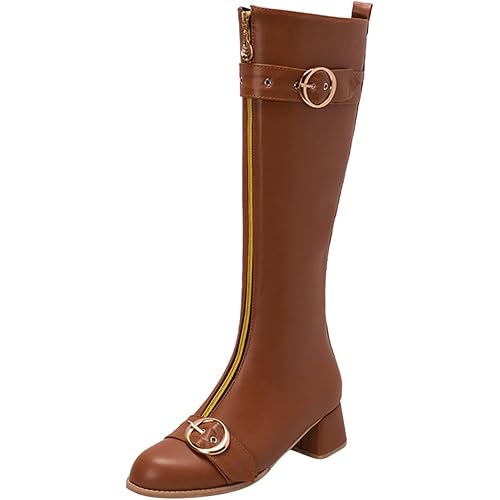Knee High Lace up Boots for Women Size 11 Fashion Women's Shoes British Style Leather Solid Front Zipper Belt Decorative Button Knee High Boots Knee High Studded Boots for Women