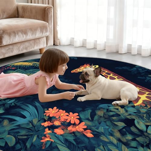 Tapis rond antidérapant 210 cm motif girafe pour sécuriser le sol du salon