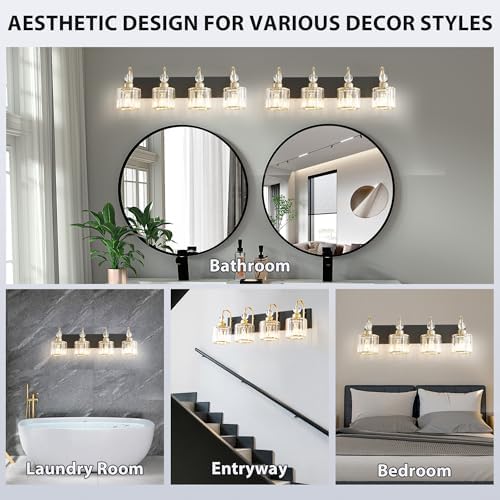 Image of Bathroom Vanity Light Fixtures Over Mirror - Makeup Lighting Black Gold - for Modern Wall, Bath, Desk, Farmhouse, Hallway - 4 Crystal Lights