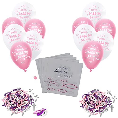 132pcs Kommunion Deko,Taufe Junge Deko,Servietten Taufe Junge Fisch Blau Kommunion, Servietten 'Schön, DASS du da bist!',Tischläufer Blau Holz Fische Deko mit 12 Luftballons konfirmation deko (Rosa) Cover