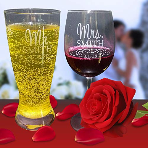 Personalized Mr and Mrs Beer and Wine Glass Set Of 2 - Gift Box Included| Engraved Wedding...