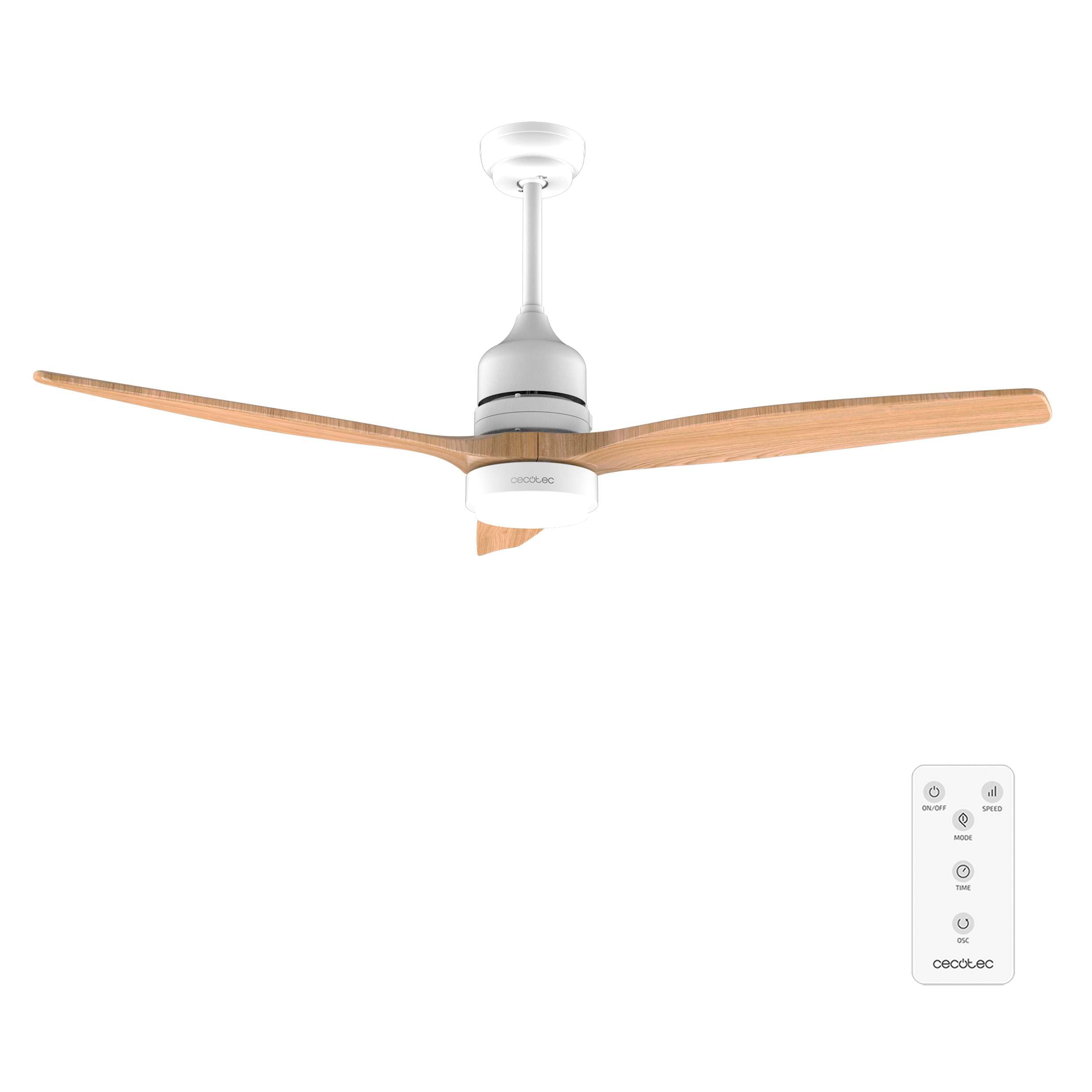 Cecotec Ventilador de Techo con Luz y Mando a Distancia de 52" EnergySilence Aero 5230 WhiteWood. Motor DC 40W, 3 Aspas, Luz LED, Altura Ajustable, Temporizador, 6 Velocidades, Modo Winter/​Summer