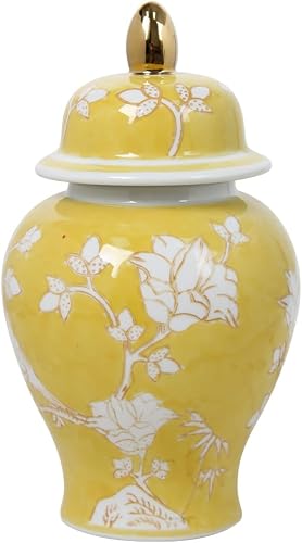 Treasure Island Yellow Ceramic Ginger Jar with Magnolia & Bird Relief, Hand-Carved White Floral Design on Golden Glaze, Chinoiserie Home Decor Vase with Gold Finial