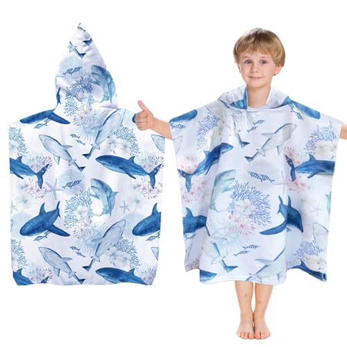 Toalla de Playa Con Capucha Para Niños - Microfibra Poncho de Piscina Para Niñas de 2 a 8 Años (Tiburones)
