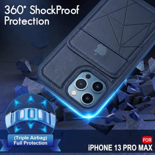 Image of amazon basics Premium Vegan Leather Back Cover with Card Holder and Integrated Mobile Stand for iPhone 13 Pro Max - Slim Shockproof Wallet Case with Geometric Stitching [Blue]