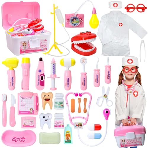 Cafiuio Doctor Kit Kids - Dentist Kit for Kids Doctors Play Set with Doctor Costume Pretend Play Toddler Toy for 4 5 6 7 Years Old Boys Girls Birthday Gifts (Pink)