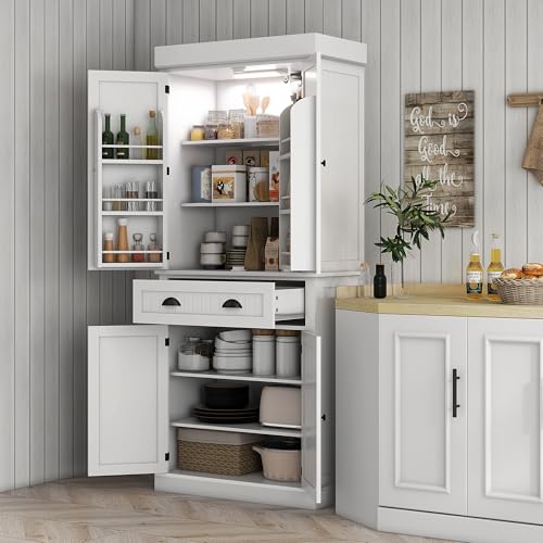 HOMCOM-71-Kitchen-Pantry-Cabinet-with-LED-Motion-Sensor-Light-Tall-Storage-Cabinet-with-6-Door-Shelves-Drawer-Adjustable-Shelves-for-Living-Dining-Room-White HOMCOM 71 Kitchen Pantry Cabinet with LED Motion Sensor Light Tall Storage Cabinet with 6 Door Shelves Drawer Adjustable Shelves for Living Dining Room White