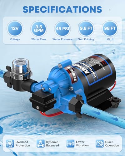 Image of Kohree RV Water Pump 3.5GPM 45 PSI, 12V DC Fresh Water Pump for Camper, Replacement for 4008-101-A65 /E65, Self Priming Diaphragm Pump with Pressure Switch for RV Kitchen Bathroom Marine Yacht Garden