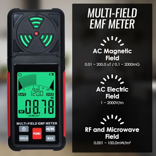 3-in-1 EMF ELF RF Messgerät, AC Elektrisch Magnetisches Strahlungsfeld Detektor Tragbares EMF Messgerät RF Detektor für EF/RF/MF/WiFi Signal/Mikrowelle, Emf Strahlungsmessgerät geeignet für Haus, Büro
