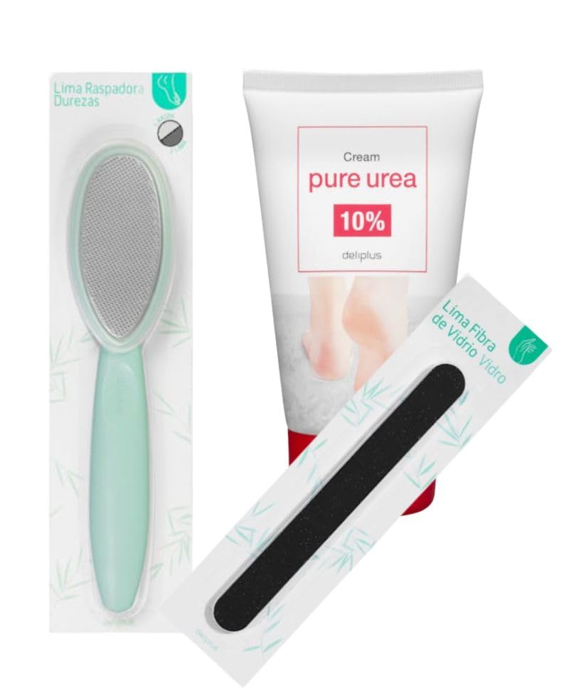 Dliplus Kit de Cuidado de Pies, Crema Pura Urea 10% 125ml, Lima Raspadora de Durezas, Lima de Fibra de Vidrio, Hidratante para Pies