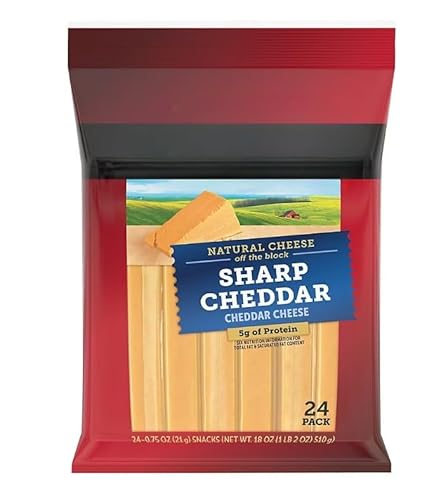 Natural Sharp Cheddar Cheese Snacks , Are made of cheese crafted with 2% milk. This makes for a simple snack on the fly, though they're just as tasty alongside your favorite sandwich within a packed lunch. A source of protein and calcium, each stick contains only 90 calories. [ 18 oz , 1.12 lb ] 24 ct. Shredded and sliced from real, natural cheese to provide a distinguished sharp cheddar flavor