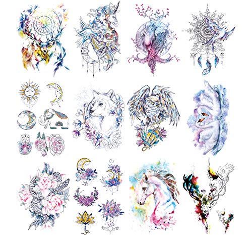 Oottati 12 Sheets Fairy Tales Animal Temporary Tattoo Kit - 21X15Cm Pink Unicorn Swan Bird Deer Elf Wolf Owl Eagle Tree Elephant Moon Sun Totem Flower Arm #TOP4
