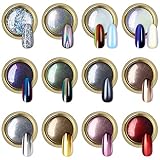 Artdone 12 Jars Chrome Nail Powder Metallic Mirror Effect Holographic Aurora Chameleon Pigment 0.5g/Jar for Nail Art Gel Polish Mermaid Unicorn Dipping Powder