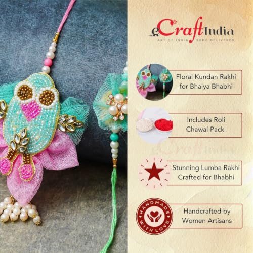 Image of eCraftIndia Floral Kundan Beads Designer Rakhis for Brother and Bhabhi | Bhaiya Bhabhi Rakhi