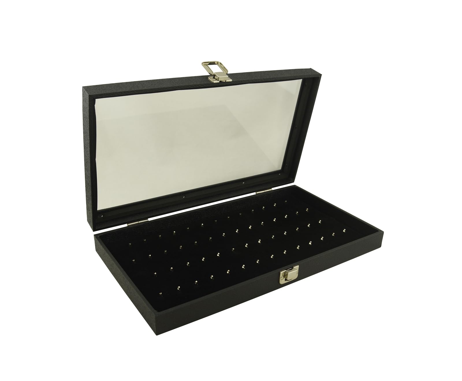 Box Displays Taca ekspozycyjna do przechowywania zatrzaskowa szklana pokrywa z możliwością wyboru wkładki – organizer do przechowywania biżuterii (etui z 54 wycięciami podkładką na biżuterię do ciała
