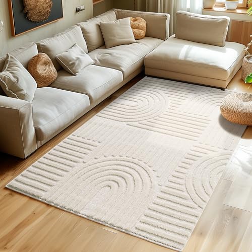 SIMPEX Hochflor Teppich Wohnzimmer Küchenteppich Schlafzimmer Läufer Flur Skandi Boho Teppich 3D Design Größe: 160 x 230 cm Farbe: Creme