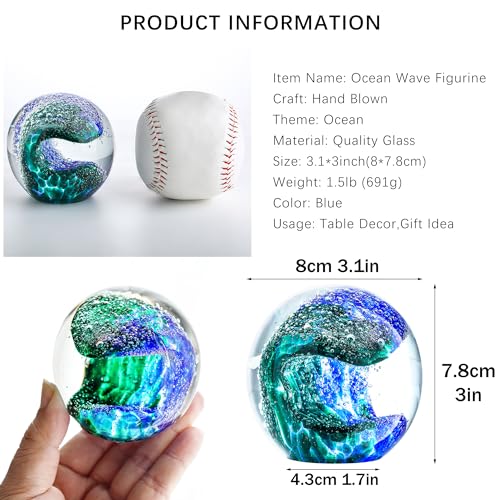 QFkris 3'' Hand Blown Glass Ocean Waves Ball Figurine,Glass Art Bubble Waves Ocean Themed Ball Paperweight for Home Decorative Collectibles Aquarium Decor