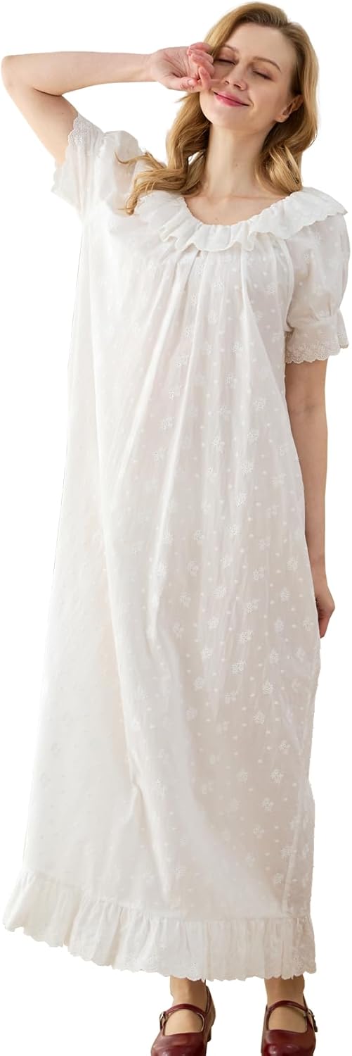 Women's 100% Cotton Victorian Vintage Nightgown with Ruffled Lace Collar Embroidered Sleep Dress