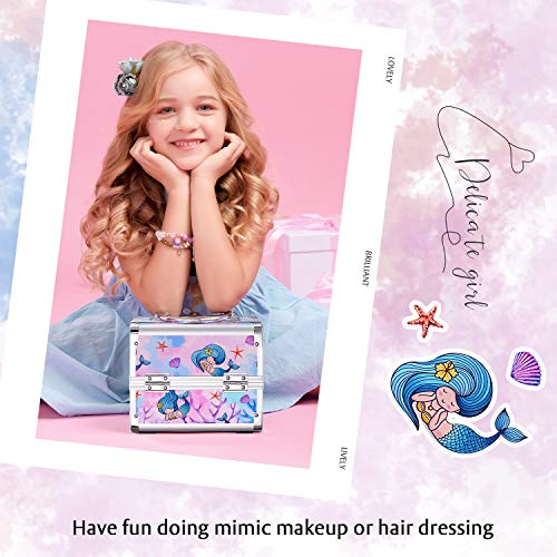 Joligrace Makeup Train Case For Girls Cosmetic Box Kids Jewelry Organizer Hair Accessories Storage Lockable With 2-Tier Trays & Mirror Mermaid Princess #TOP2
