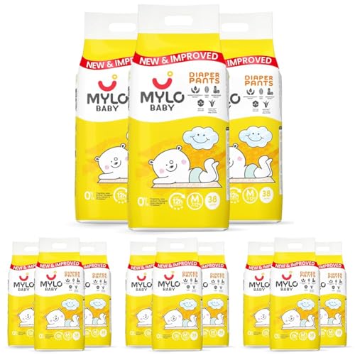 Image of Mylo Baby Diaper Pants Medium (M) Size 7-12 kgs (114 count) Leak Proof | Lightweight | Rash Free | Upto 12 Hours Protection | ADL Technology | with Aloe Vera Lotion (38 Count, Pack of 12)
