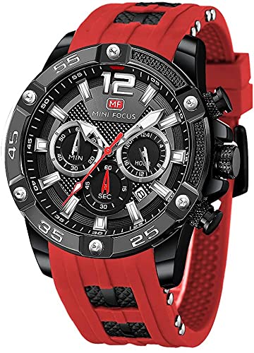 MF MINI FOCUS Montre de sport pour homme (multifonction, étanche, lumineuse, calendrier) bracelet en silicone tendance pour homme ?, Rouge, Sangle