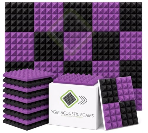 Image of YGM Acoustic Foams Pyramid Acoustic Panels 1 Footx1 Footx2inch Thick, 50 Density Acoustical Sound Proof Foam for Room, Studio, Echo Reduction & Noise Absorption (Black & Purple, Set of 126)