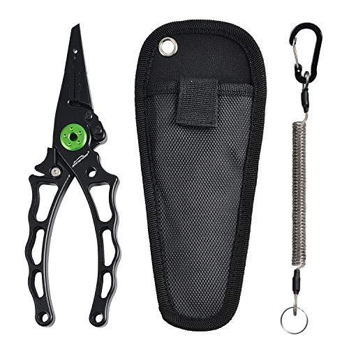 Entsport Saltwater Fishing Pliers with Aluminum Handles and Stainless Steel Jaws Multi Function Fishing Pliers with Sheath Lanyard Braided Fishing Line Cutters Fish Hook Removal Tool Black