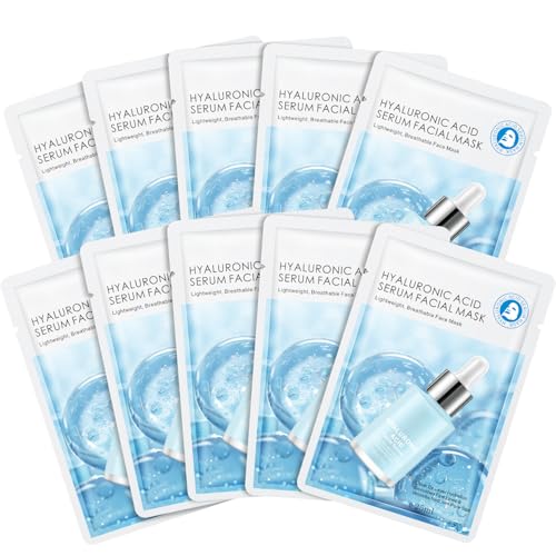 Pack of 10 Hyaluronic Acid Face Masks Skincare, Daily Care Face Sheet Mask Hydrating Deep Moisturizing Facial Mask for All Skin Types Beauty Facial Mask