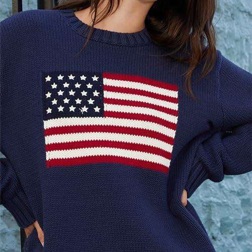 Image of Womens American Flag Sweater Long Sleeve Crew Neck Star Graphic Knit Pullover Tops Casual Loose USA Sweater