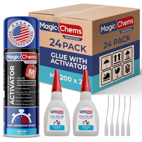CA Glue with Activator Kit (48 x 0.8 oz Glue + 24 x 6.7 fl oz Activator), Cyanoacrylate Adhesive for 3D Printing & Acrylic, Strong Bond Super Glue Accelerator Set (24 Pack)