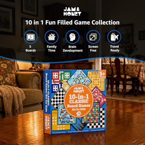 Image of Amazon Brand - Jam & Honey 10-in-1 Classic Board Games for Smart Kids|Chess,Ludo,Snakes & Ladders,Checkers & More|Boosts Decision Making,Strategic Thinking & Problem Solving|Ages 5+ Years(Multicolor)