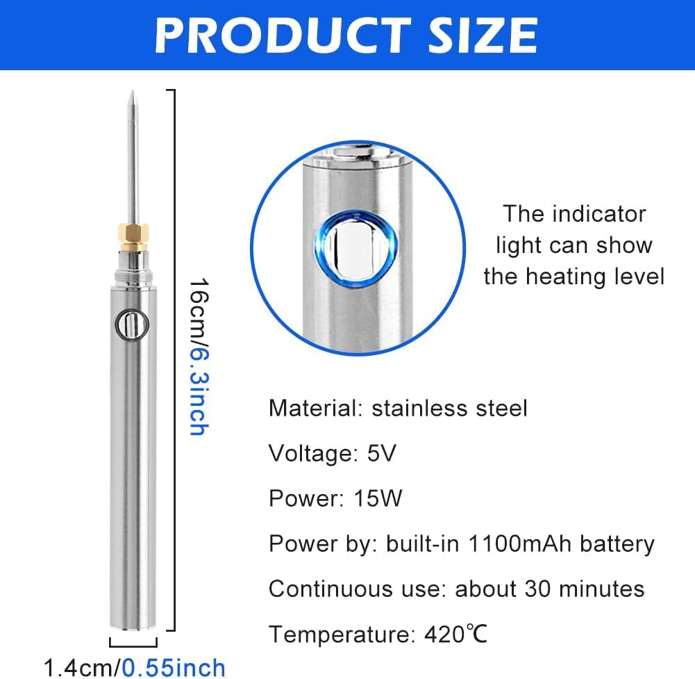 Fer à Souder Sans Fil électrique,15w Kit de Fer A Souder Usb Rechargeable Soldering Iron Avec Température Réglable de 200℃-450℃,Chargement Possible Pendant l'utilisation, Interface 510