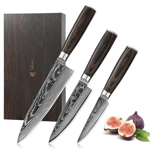 Caratteristiche del coltello: include coltello da chef da 20 cm, piccolo coltello da chef da 13 cm e coltello da verdura da 10 cm. Lame realizzate in acciaio damasco a 67 strati con anima VG10, durezza 60±1 HRC per la massima nitidezza