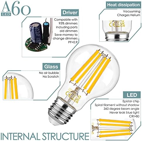 Century Light E27 Screw Bulb Led Dimmable Warm White 2700K 12 Watt Replaces 120W Incandescent Lightbulb, 1550lm Filament Clear Glass Classic A Energy Saving Bulbs for Lamp, CRI 80+, Pack of 3