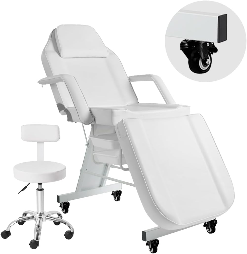 Facial Chair with Wheels Tattoo Chair 73inch Adjustable Tattoo Bed for Client Massage Table with Stool Massage Table Facial Bed for Spa Beauty Esthetician White