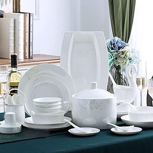 SQMGFA Juego de vajilla de 50 Piezas, vajilla de Cocina de Porcelana Blanca de Hueso, Juego Combinado con tazón de Cereales, Plato de Postre, Plato de Sopa, Plato de Pescado, Platos y Olla de
