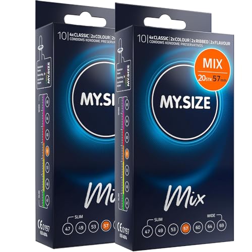 MY.SIZE Mix preservativos 57 mm 20 unidades – Talla XL | Variedades: azul, rojo sabor fresa, estriado, natural | Preservativos premium | Marca alemana | Grosor 0,07 mm | de látex de caucho