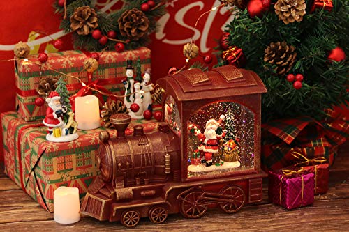 Image of Eldnacele Singing Christmas Train Snow Globe with Music & Timer, Lighted-up Battery Operated Glittering Lantern for Christmas Table Centerpiece Decoration and Gift- Santa