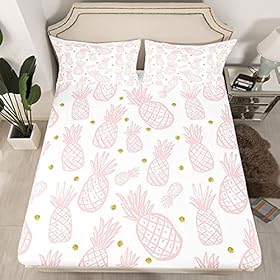 Pineapple Sheet Set for Girls Kids Cute Pink Tropical Fruit Bedding Set Room Decorative Golden Polka Dots Bed Sheets Pineapple White Bed Sheet Set Full Size 4Pcs Bed Set 513kZvyWqeL. SS280