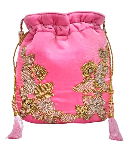 Image of Velvet Potli Bag with Golden & Silver Beaded Flower Embroidery - Handcrafted Ethnic Drawstring Bag for Weddings, Parties & Festive Gifts - Beaded Handle & Tassels for Women