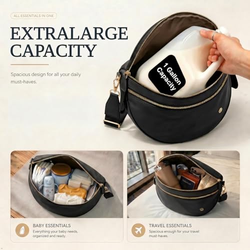 Image of Womens Crossbody Bag, Spacious Nylon Bum Bag Trendy Shoulder Purse with Adjustable Strap Zipped Travel Essentials