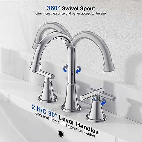 Image of Bathroom Faucet 3 Hole, Chrome Faucets with Pop-up Drain and Supply Lines | Hurran Stainless Steel Lead-Free Widespread Bathroom Sink Faucet for Vanity RV Restroom Laundry Outdoor Camper, 2 Pack