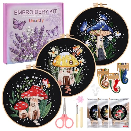 Image of Uniartfy 3 Sets Embroidery Kit for Adults Beginners, Needlepoint Kits Cross Stitch, Hand Embroidery Starter Kit with Mushroom Stamped Patterns, Hoop, Tools, Colorful Threads with Needles, Instructions