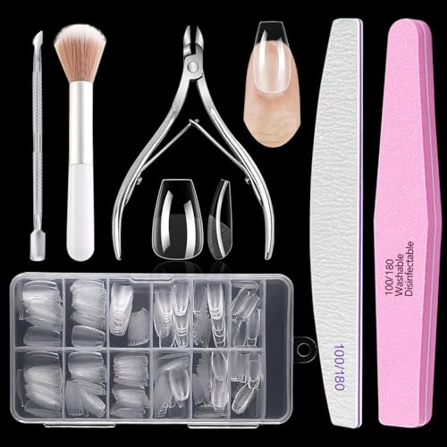 BGBXYX Kit Uñas Cortas Ataúd, 240 Piezas Uñas Postizas, Kit Uñas Acrilicas incluye Cortaúñas Cutícula, Empujador Cutícula, Lima Uñas 100/180, Bloque Pulidor Uñas, Cepillo Polvo Uñas, 12 Tamaños